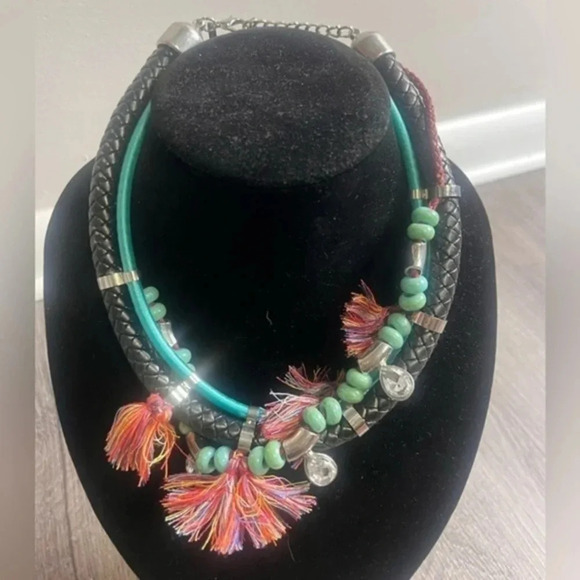 One of A Kind Hand Natural Beads Leather Rope Fringe Tassel  Statement Choker - Picture 1 of 12